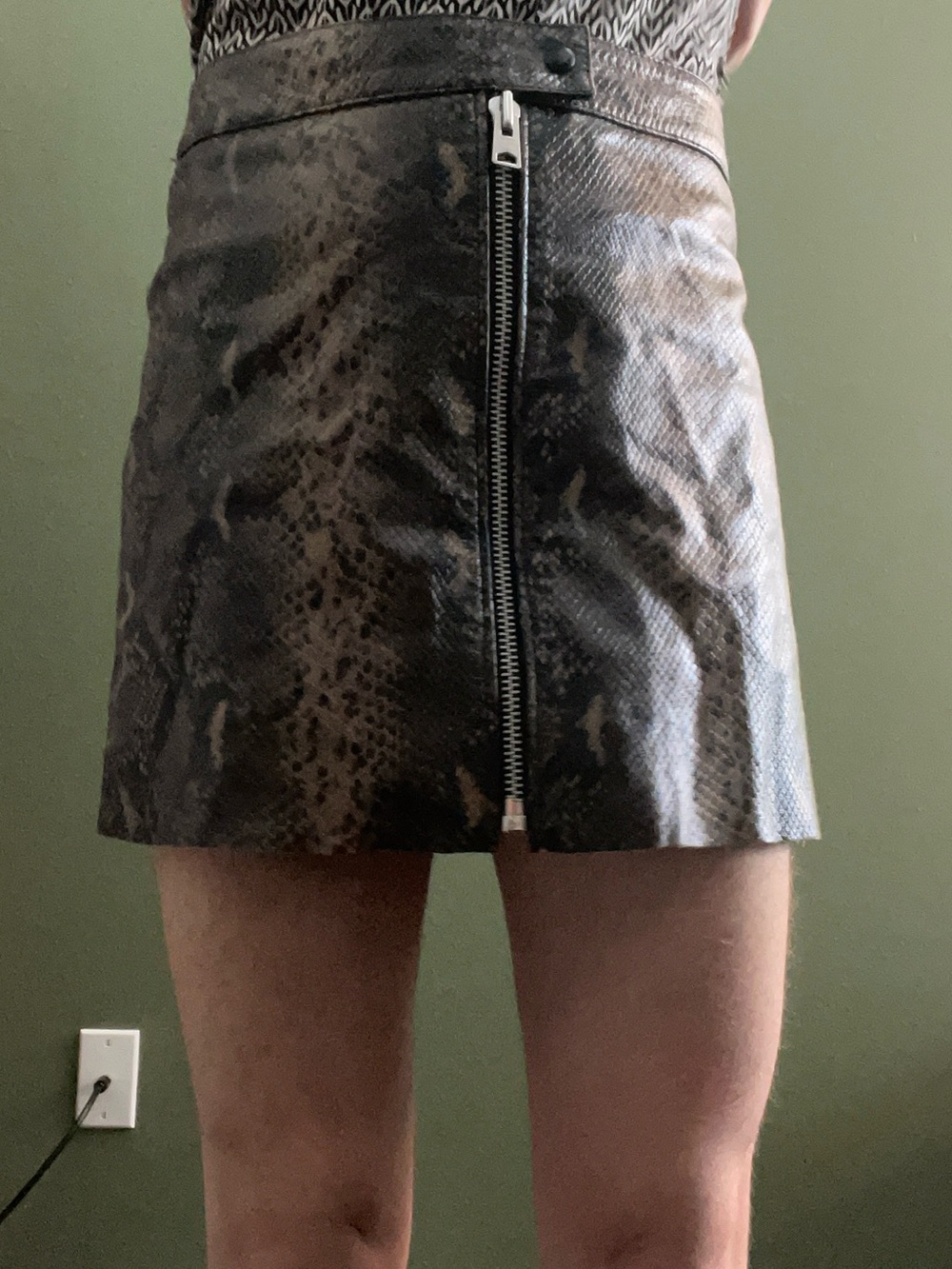 All Saints Leather Reptile Print Zip Front Mini Skirt
